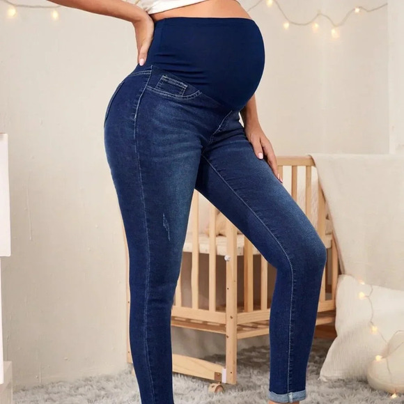 Dark Wash Women's Maternity High Waist Ripped Skinny Jeans - Picture 2 of 6